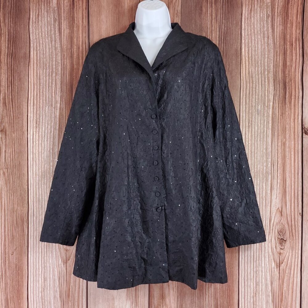 Eileen Fisher Womens Size Medium Sequin Jacket Snap Button 100% Silk Black